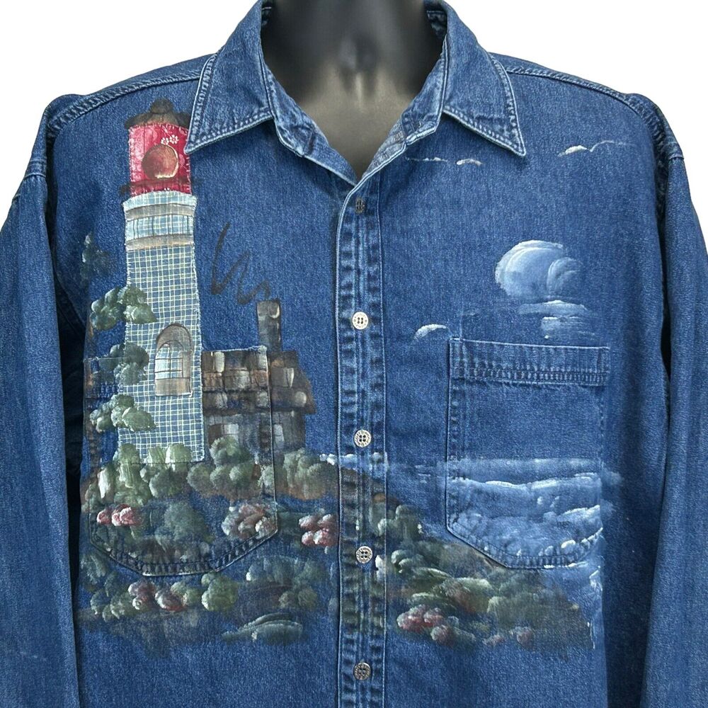 Vintage 90s Lighthouse Denim Button Front Shirt Hand Painted Blue XL X-Large